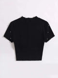 SHEIN Pearl Detail Lettuce Trim Rib-Knit Top