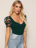 SHEIN Sweetheart Neck Dobby Mesh Sleeve Top