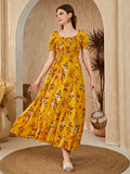 SHEIN Floral Square Neck Shirred A-Line Dress