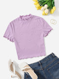 SHEIN Pearl Detail Lettuce Trim Rib-Knit Top
