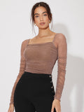 SHEIN Mesh Panel Ruched Glitter Top