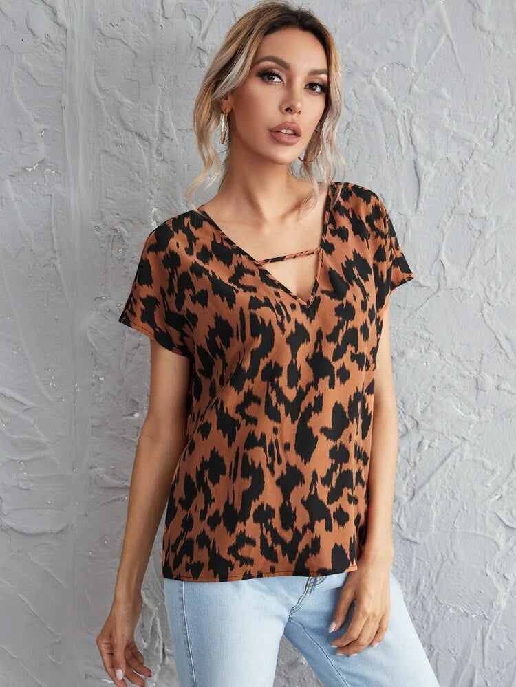 SHEIN Cutout V-Neck Batwing Sleeve Allover Print Top