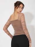 SHEIN Mesh Panel Ruched Glitter Top