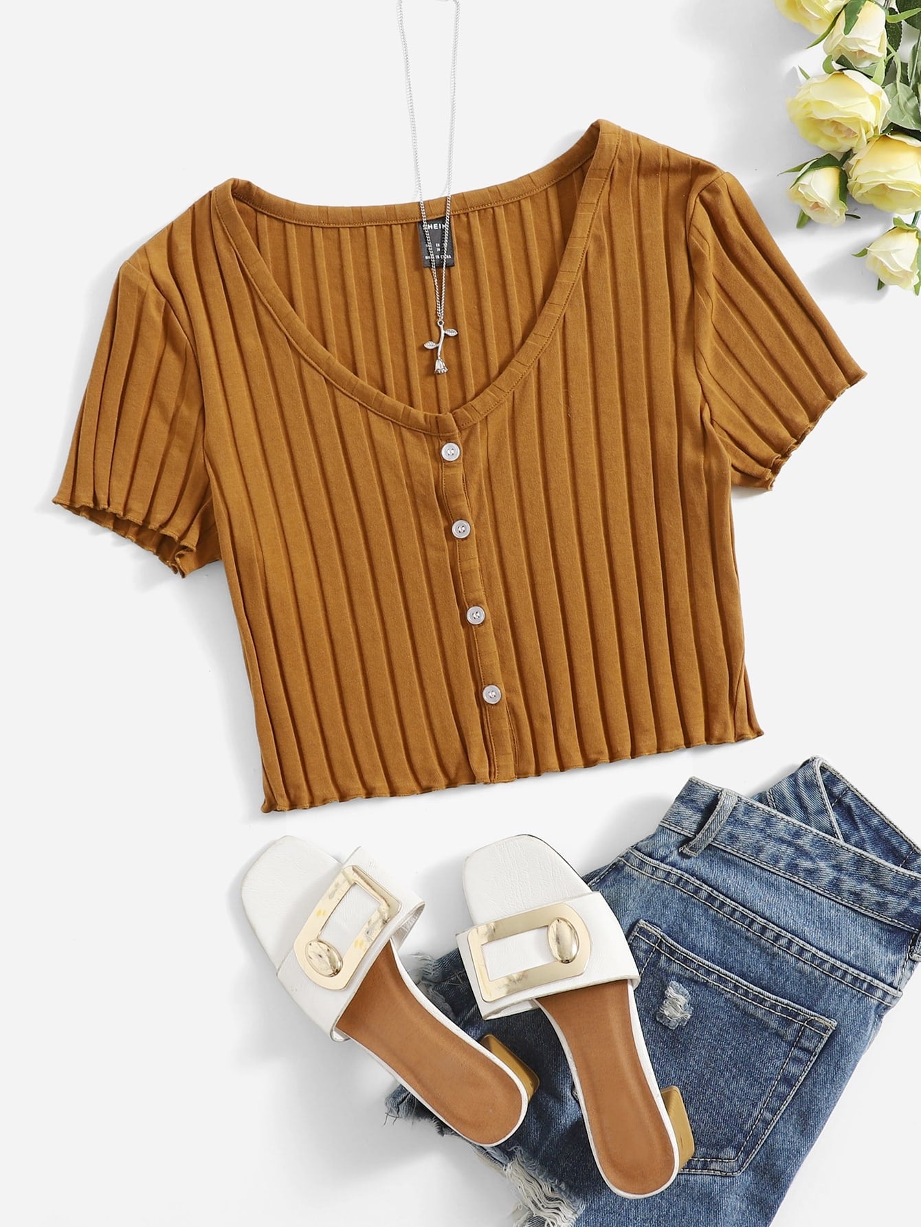SHEIN Button Up Rib-Knit Crop Top Brown XS