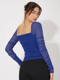 SHEIN Mesh Panel Ruched Glitter Top