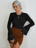 SHEIN Flounce Sleeve Ribbed Knit Pearls Detail Sweater