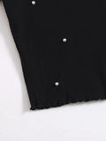 SHEIN Pearl Detail Lettuce Trim Rib-Knit Top