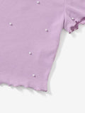 SHEIN Pearl Detail Lettuce Trim Rib-Knit Top
