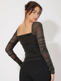 SHEIN Mesh Panel Ruched Glitter Top