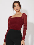 SHEIN Mesh Panel Ruched Glitter Top