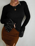 SHEIN Flounce Sleeve Ribbed Knit Pearls Detail Sweater