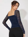 SHEIN Mesh Panel Ruched Glitter Top