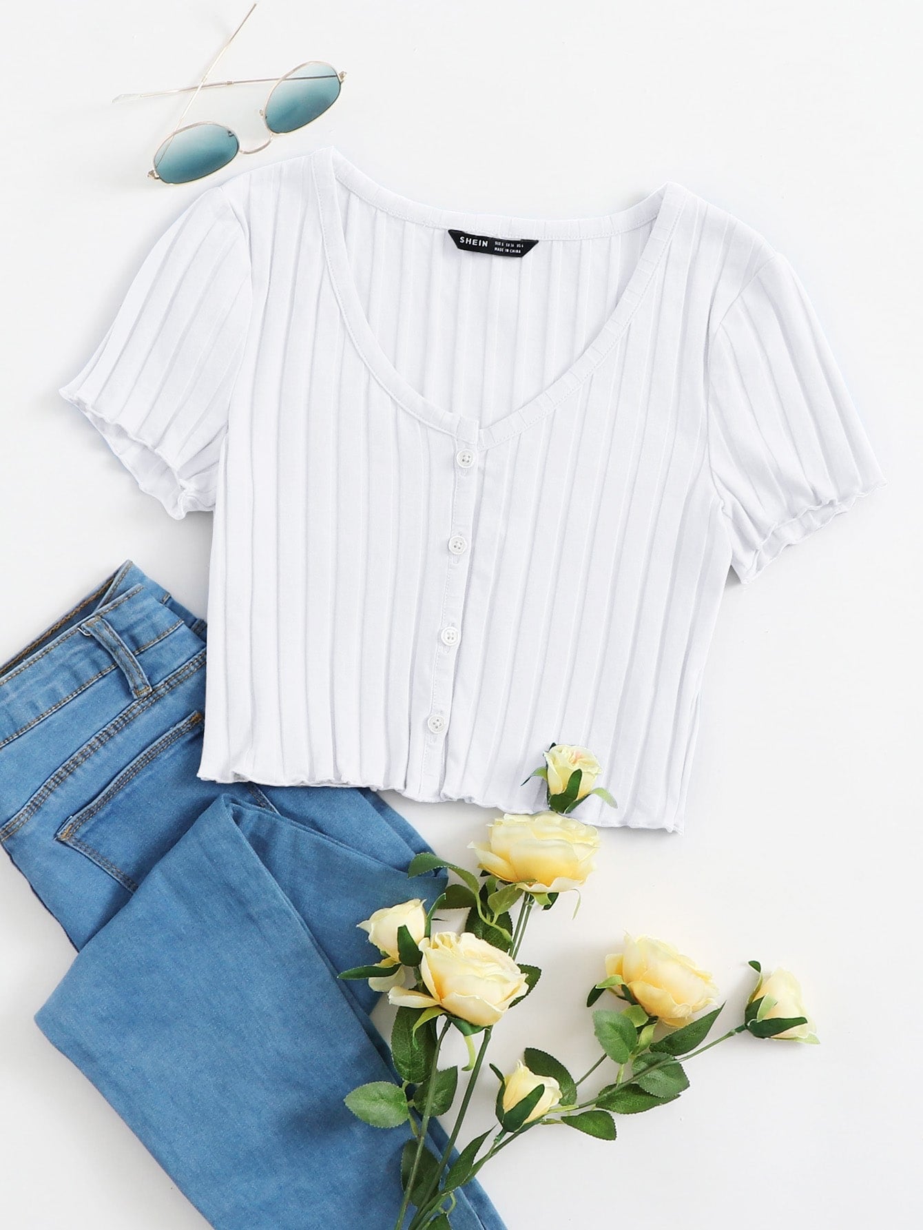 SHEIN Button Up Rib-Knit Crop Top – Urban Chic - Main Image