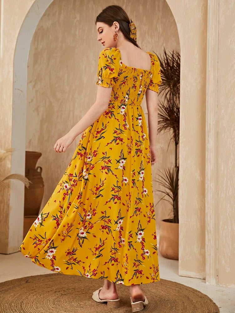 SHEIN Floral Square Neck Shirred A-Line Dress