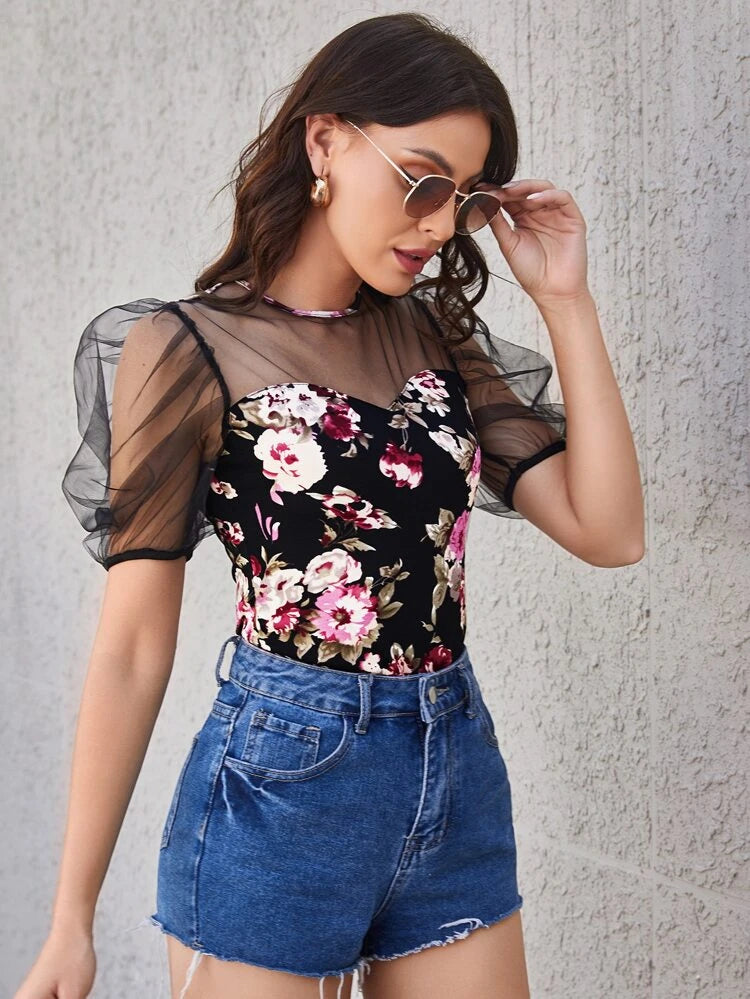 SHEIN Allover Floral Print Contrast Mesh Top