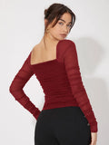 SHEIN Mesh Panel Ruched Glitter Top