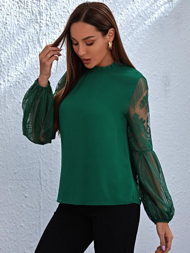 SHEIN Frill Neck Lace Lantern Sleeve Top