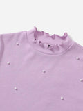 SHEIN Pearl Detail Lettuce Trim Rib-Knit Top