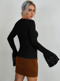 SHEIN Flounce Sleeve Ribbed Knit Pearls Detail Sweater