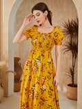 SHEIN Floral Square Neck Shirred A-Line Dress