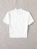 SHEIN Pearl Detail Lettuce Trim Rib-Knit Top