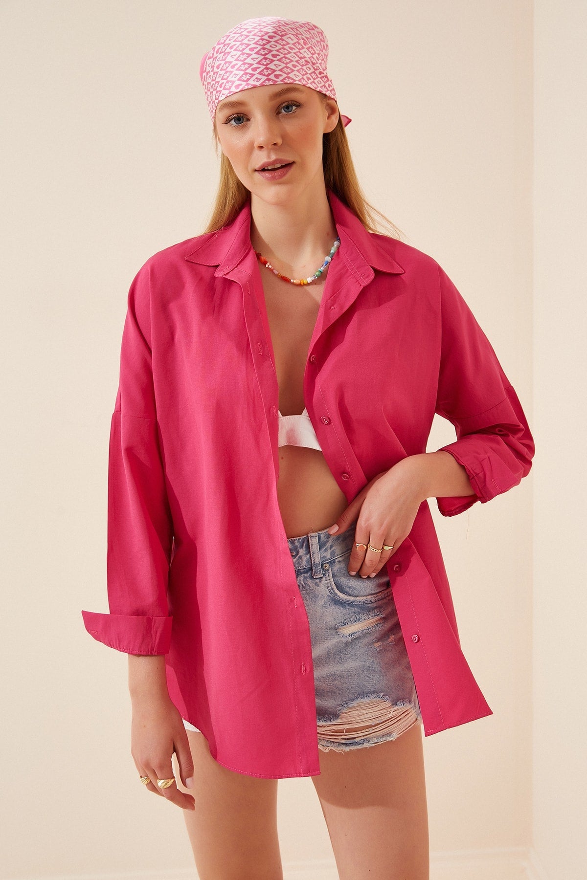 Solid Button Down Oversized Shirt - Pink / M/38