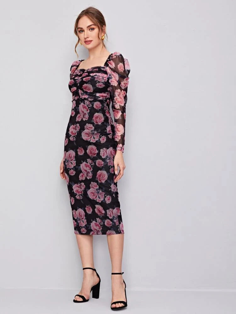 SHEIN Ruched Detail Gigot Sleeve Floral Mesh Dress