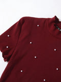 SHEIN Pearl Detail Lettuce Trim Rib-Knit Top