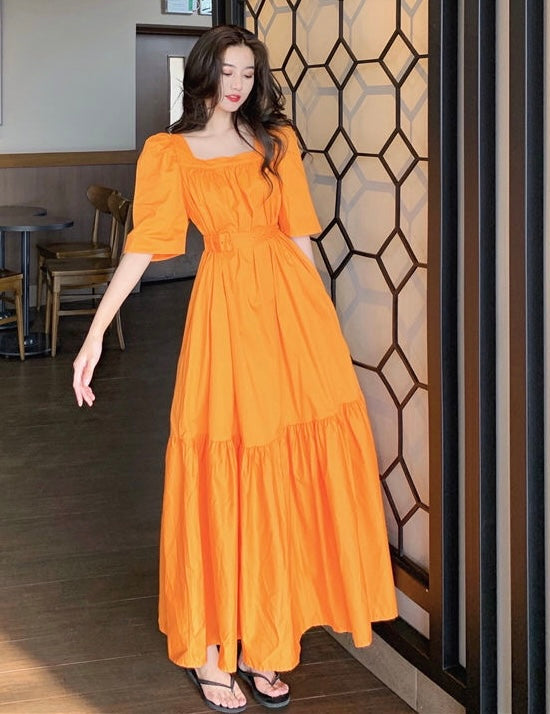 Solid Belted Long Dress