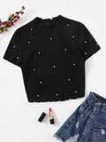 SHEIN Pearl Detail Lettuce Trim Rib-Knit Top